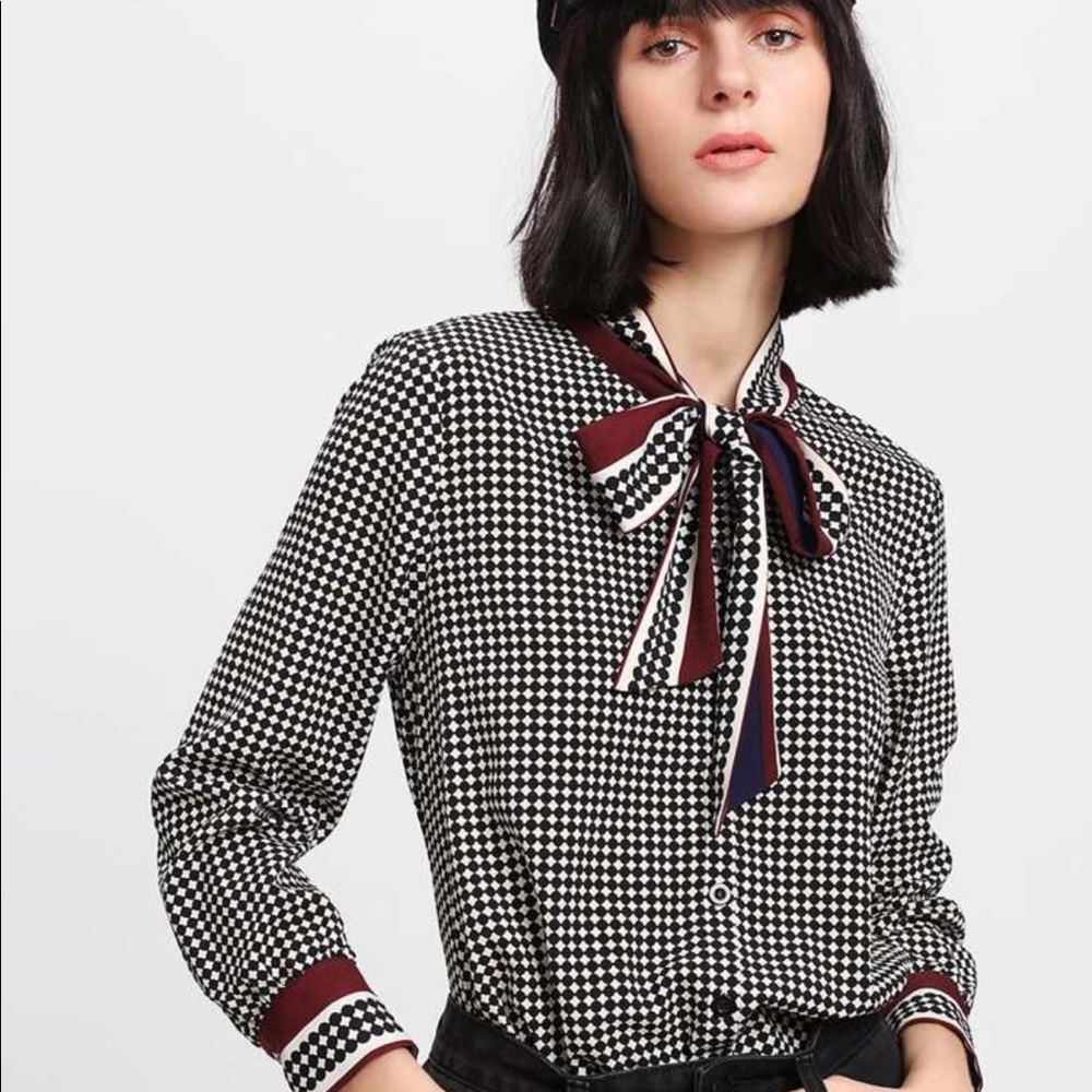 SheIn Checkered Bow Blouse